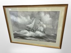P J Wintrip : The USS Constitution in rough seas, colour chalks,