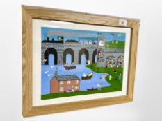 Gordon Barker : Figures by a bridge and in boats, acrylic, 34 cm x 24 cm, framed.