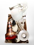 A box of 20th century Scandinavian pendant light fittings, angle-poise lamps, table lamp.