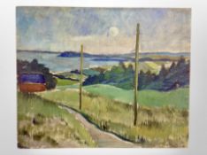 F Madsen : landscape with coast beyond, oil on canvas,