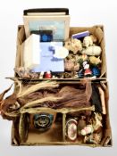 Two boxes of brass, two tier plant stand, figures,