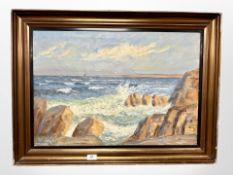 Danish School : Waves crashing against cliffs, oil on canvas, 64 cm x 44 cm.