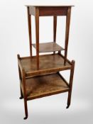 An Edwardian oak two tier trolley and a further occasional table