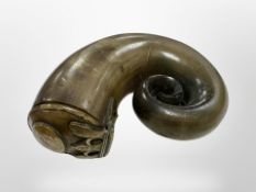 A 19th century horn snuff mull, the brass lid engraved with initials JM, length 11cm.