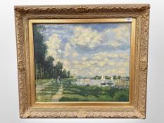 Twentieth Century Continental School : Figures Promenading Around a Boating Lake in Summertime,