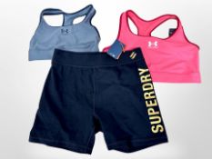 Three items of tagged new clothing - Two Under Armour support tops size L/G/G and XS and Superdry