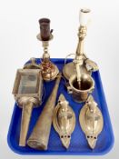 Two brass lamp bases, a carriage lamp, a pair of candle sconces, a pestle and mortar, etc.