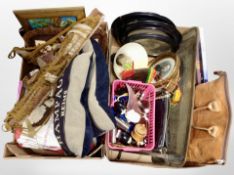 Two boxes containing framed portrait photographs, engraved brass serving tray, soft goods,