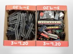 Two boxes of diecast rolling stock, control unit, track.