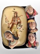 Four Legend Products plaster busts of Native Americans, and a further plaque.