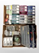 Two boxes of plastic storage boxes containing a large quantity of screws and other hard ware