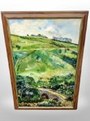 20th century school : sheep in fields with bridge in foreground, oil on canvas,