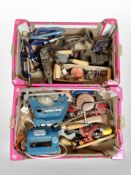 Two boxes of joinery tools, clamps, vice, wood working planes,