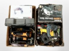 Two boxes containing power tools, Dewalt drill, Wicks circular saw, etc.