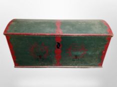 A 19th century Scandinavian painted pine domed topped blanket chest, dated 1838,