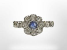 An antique yellow gold diamond and sapphire cluster ring, size F/G.
