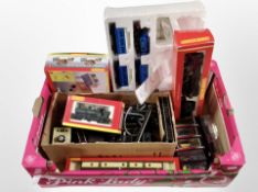 A box of Hornby OO gauge diecast locomotives and passenger car, assorted railway track,