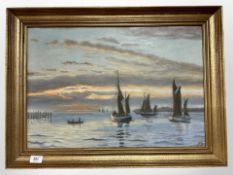 Danish School : Boats at sunset, oil on canvas, 56cm x 38cm.