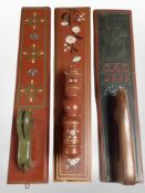 Three Scandinavian carved and painted pine mangle boards, one dated 1892.