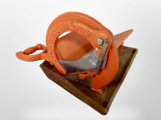 A 20th century Danish Raadvad wooden and painted metal meat slicer, together with a pine tray.