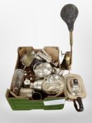 A box of plated wares, sifter, teapot, vintage brass horn.