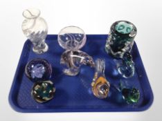 A group of glass paperweights modelled as birds, Caithness vase and bowl, etc.