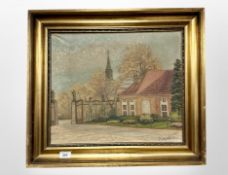 Danish School : A view through a gateway, oil on canvas, 45cm x 38cm.