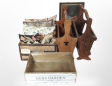 A rustic painted pine box, and a quantity of cushions.