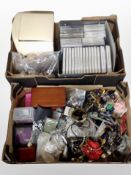 Two boxes containing costume jewellery, CDs and VHSs relating to jewellery design,