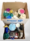 Two boxes containing antique stoneware bottles, vintage Ambassador handheld camera,
