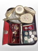 A group of crowns, imperial service medals, dressing table, brushes and pots,