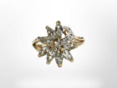 A 9ct yellow gold fancy aquamarine ring, size P. CONDITION REPORT: 3.3g.