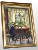 H P Skoldsol : Child reading by a table, oil on canvas,