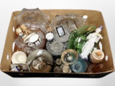 A box of art deco pressed glassware, silver-plated items, Zippo lighter, Hummel figure, china, etc.