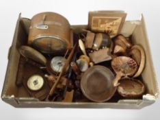 A box containing mantel clock, treen, contemporary barometer.