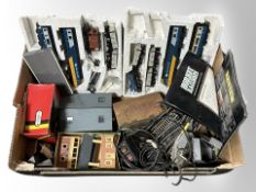 A box of Hornby Inter-city 125 rolling stock, assorted railway buildings and track, etc.