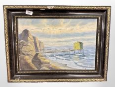 Danish School : A pier by rocks, oil on canvas, 47cm x 31cm.