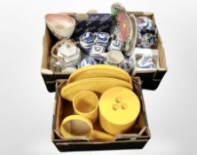 Two boxes containing copper bed-warming pan, Ringtons china, vintage plastic dinnerwares.