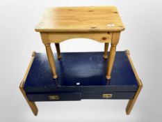 A 20th century Danish pine and MDF low table and a further pine table