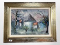 H Nielsen : Buildings by trees, oil on canvas, 46cm x 31cm.