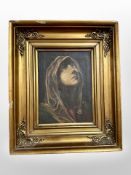 Danish School : Portrait of a figure wearing a headscarf, oil on canvas, 13cm x 17cm.