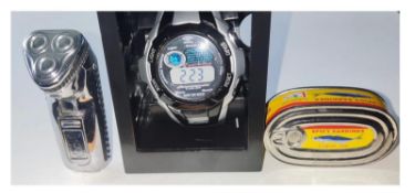 A gent's Umbro sport's watch, two novelty lighters in the form of a shaver and tin of sardines,