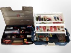 Two plastic multi-compartment fishing boxes containing assorted equipment including hooks and lures,