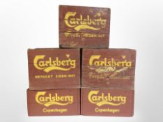 Five painted pine Carlsberg crates
