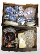 Two boxes containing Ringtons blue and white caddies and collectors plates, German glazed vase,