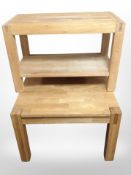 A 20th century Danish blond oak rectangular table, length 80cm, and similar square table.