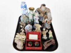 A group of oriental earthenware and resin figures, a Chinese cloisonné vase,