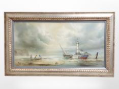 Paul J Wintrip : Fishermen with nets at low tide with lighthouse beyond, oil on board,