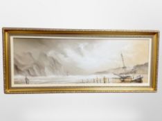 Paul J Wintrip : Fishermen on a shoreline with stormy seas, oil on board, in gilt frame 74cm x 24cm.