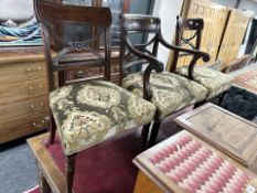 A 19th century mahogany armchair and matching pair of single chairs